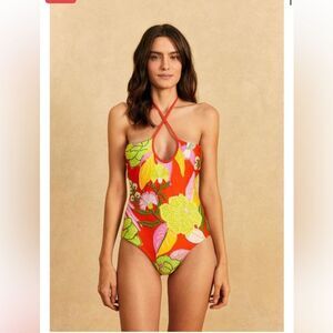 Farm Rio neon floral beaded one piece swimsuit, NWT